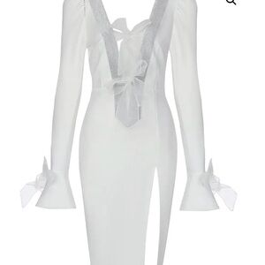 Elegant White Long-Sleeve V-Neck Ruffle Dress